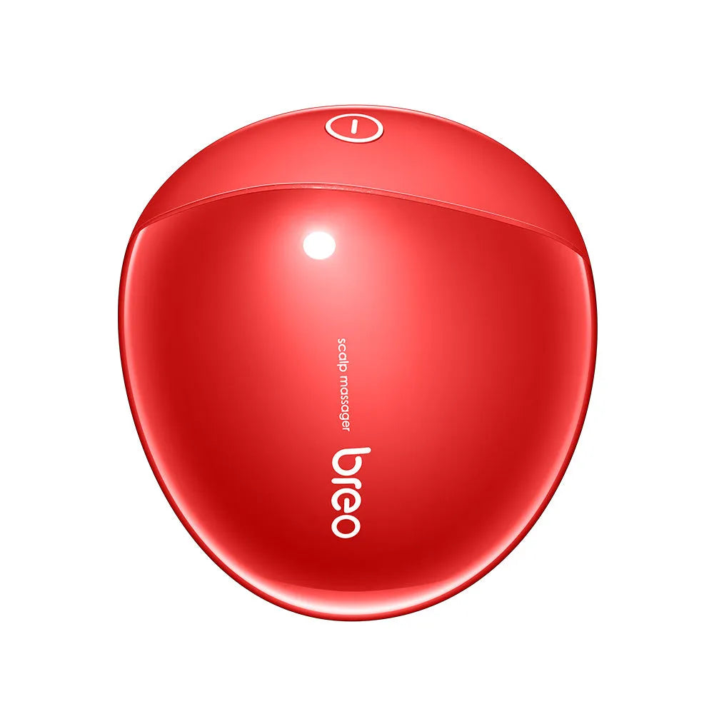 Red electric scalp massager with silicone vibration heads showing 110mm x 120mm x 82mm dimensions