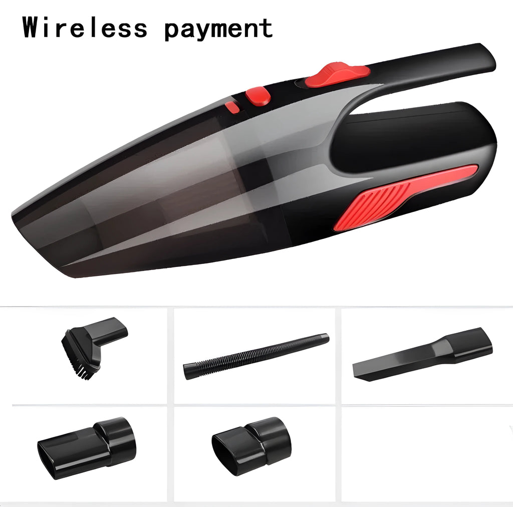 Handheld 120W car vacuum cleaner with brush and nozzles on car seat