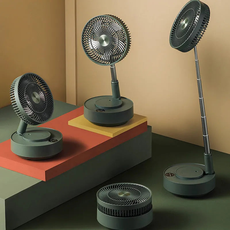 Green telescopic storage floor electric fan shown in both desktop and extended vertical configurations with remote control