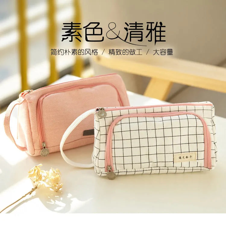 Square canvas pencil case with striped pattern, Korean style, in one of 15 colours