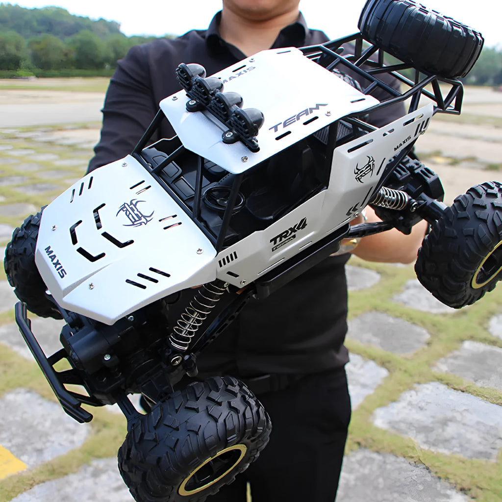 Large black 4WD remote control off-road climbing car on rough ground