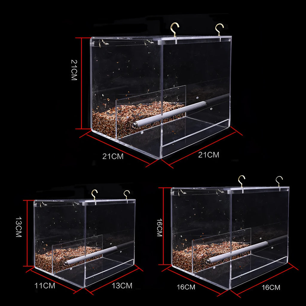 Clear acrylic parrot food box with non-toxic material, available in small, medium and large sizes