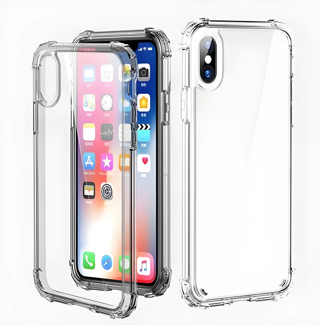 Clear transparent TPU shockproof back cover case for an iPhone on a white background.
