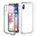 Clear transparent TPU shockproof back cover case for an iPhone on a white background.