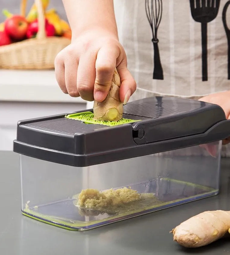 Manual vegetable cutter with multiple stainless steel blades on a wheat straw plastic body, shown in blue.