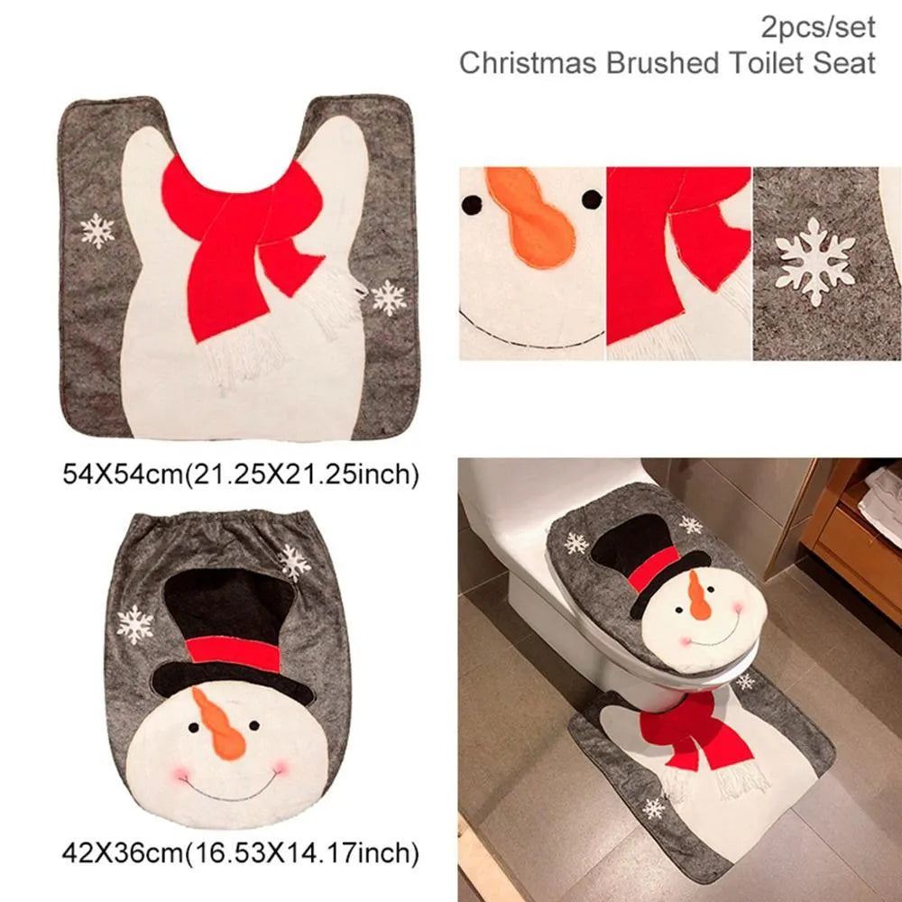 Flannel Christmas bathroom set with Santa toilet cover, shower curtain, footpad, and tank cover