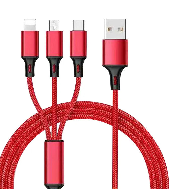 One for three charging data cable with 1.2 metre length in multiple colour options