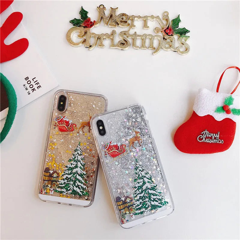Transparent quicksand iPhone case with Santa Claus Christmas tree design in pink colour