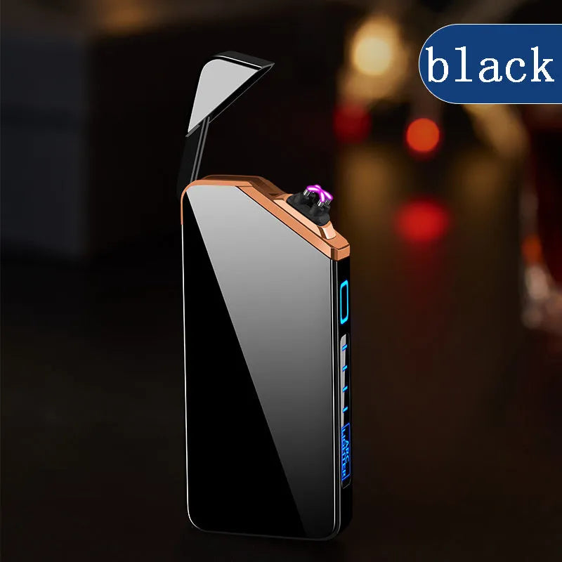 Creative fashion USB charging double arc lighter in zinc alloy, black colour, compact size 73x35x11mm