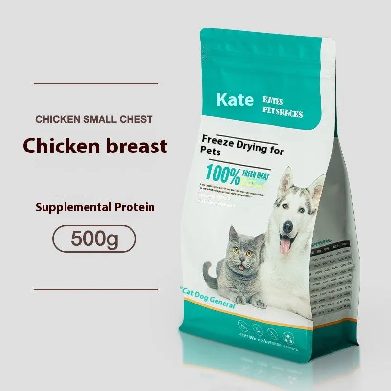 500g bag and barrel of freeze-dried chicken grain-free cat treats nuggets