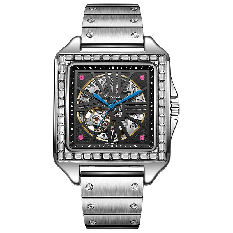 Men's square automatic watch with diamond studs on a black leather strap.
