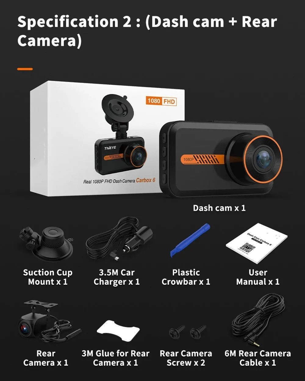 ThiEYE front and rear car dash camera with 3-inch screen, suction mount, and waterproof rear camera unit.