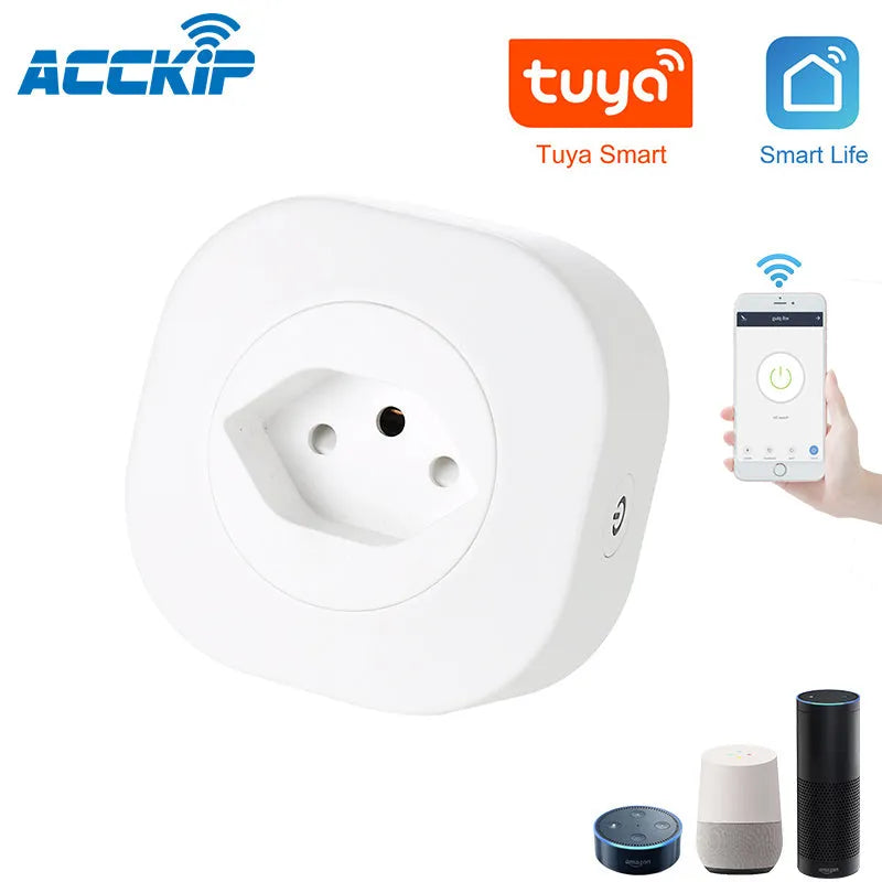 White smart socket plug with Wi-Fi logo, showing UK plug pins and dimensions.