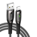 Lightning USB cable with smart power off, zinc alloy connectors and braided fishing line sheath, in black or dark green