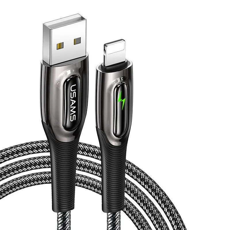 Lightning USB cable with smart power off, zinc alloy connectors and braided fishing line sheath, in black or dark green