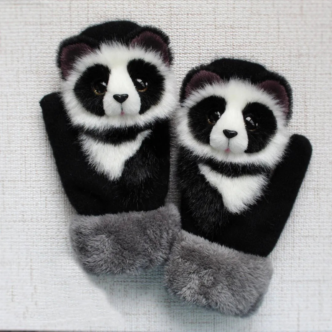Cartoon animal warm mittens in red colour, 28cm total length, wool-blend fabric for autumn and winter