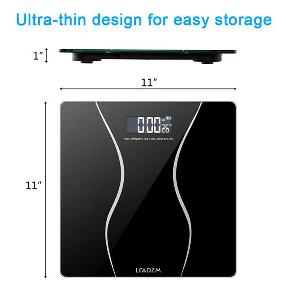 Black digital electronic bathroom scale on a tiled floor, showing digital display.