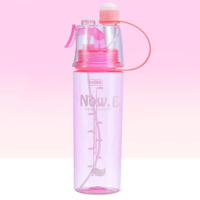 Green portable sports mist spray cup with handle, leakproof lid, and visible scale, shown next to a black version.