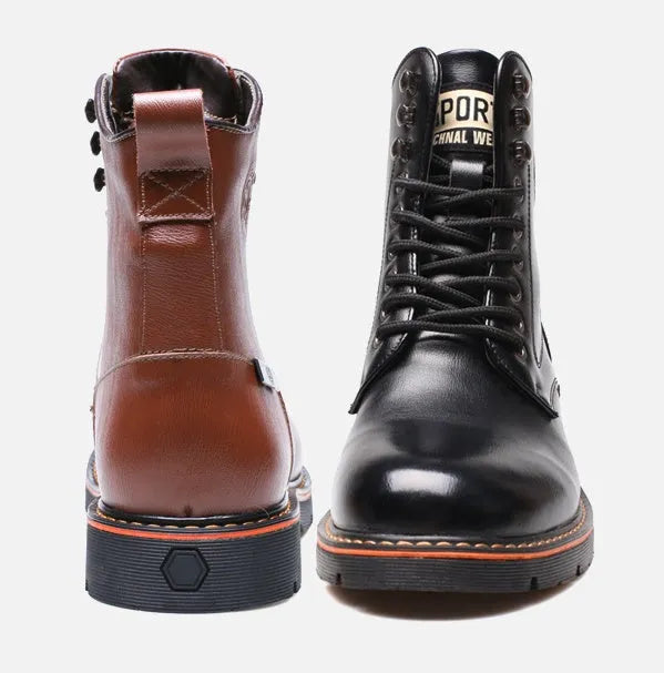 Men's brown embossed leather Martin boots with mid-top cut, round toe, thick heel, and front strap on a wooden floor