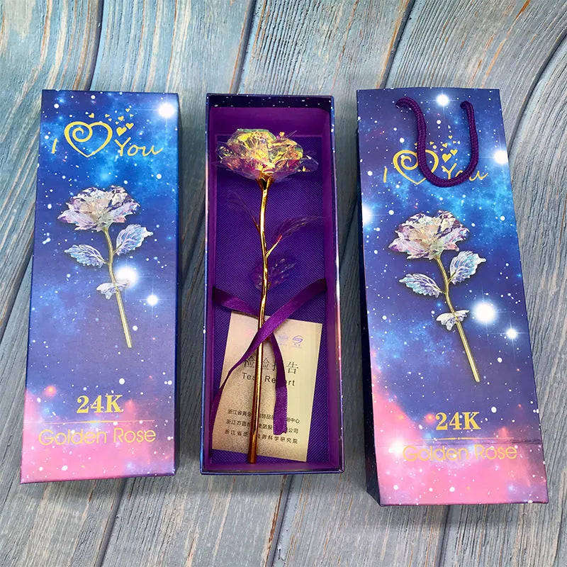 24K luminous gold rose flower set in gift box with tote bag, handmade plastic bouquet non-fade artificial roses