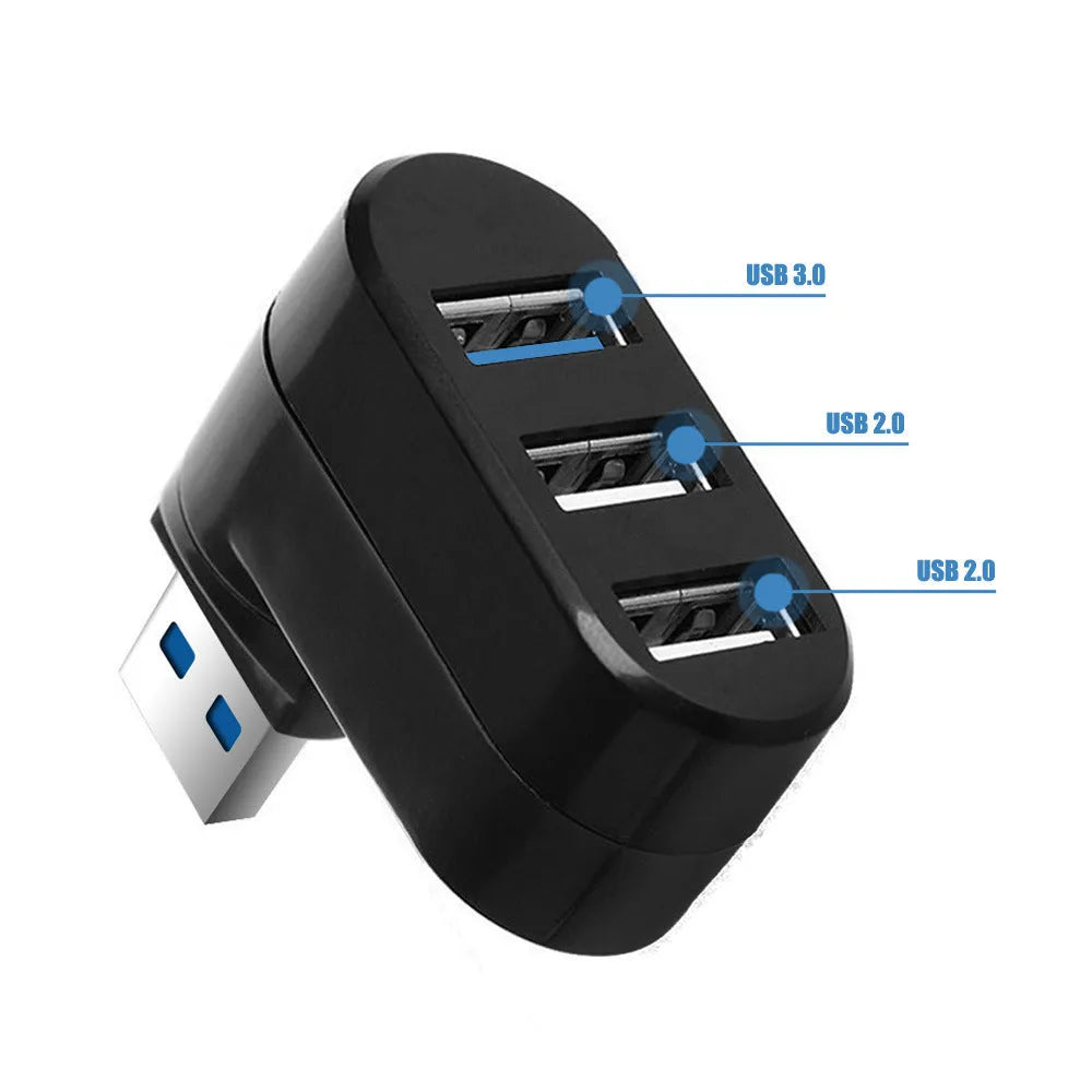 Black USB 3.0 hub with four ports on a white rotating base, showing dimensions of 15.5cm