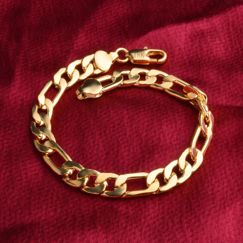 Silver and gold 3:1 chain necklace and bracelet set on a display stand