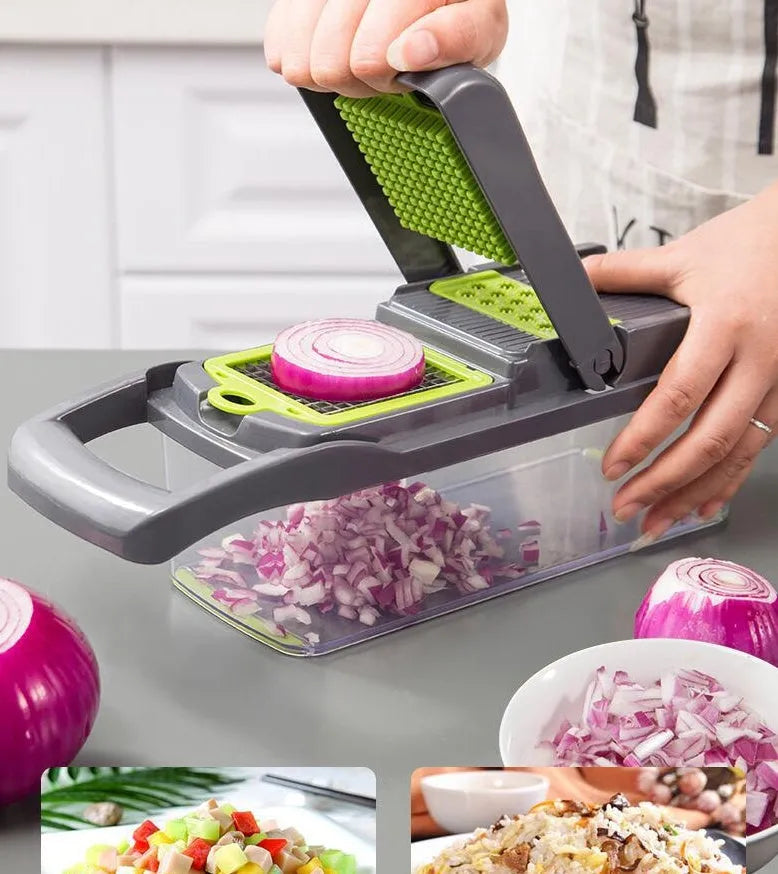 Manual vegetable cutter with multiple stainless steel blades on a wheat straw plastic body, shown in blue.