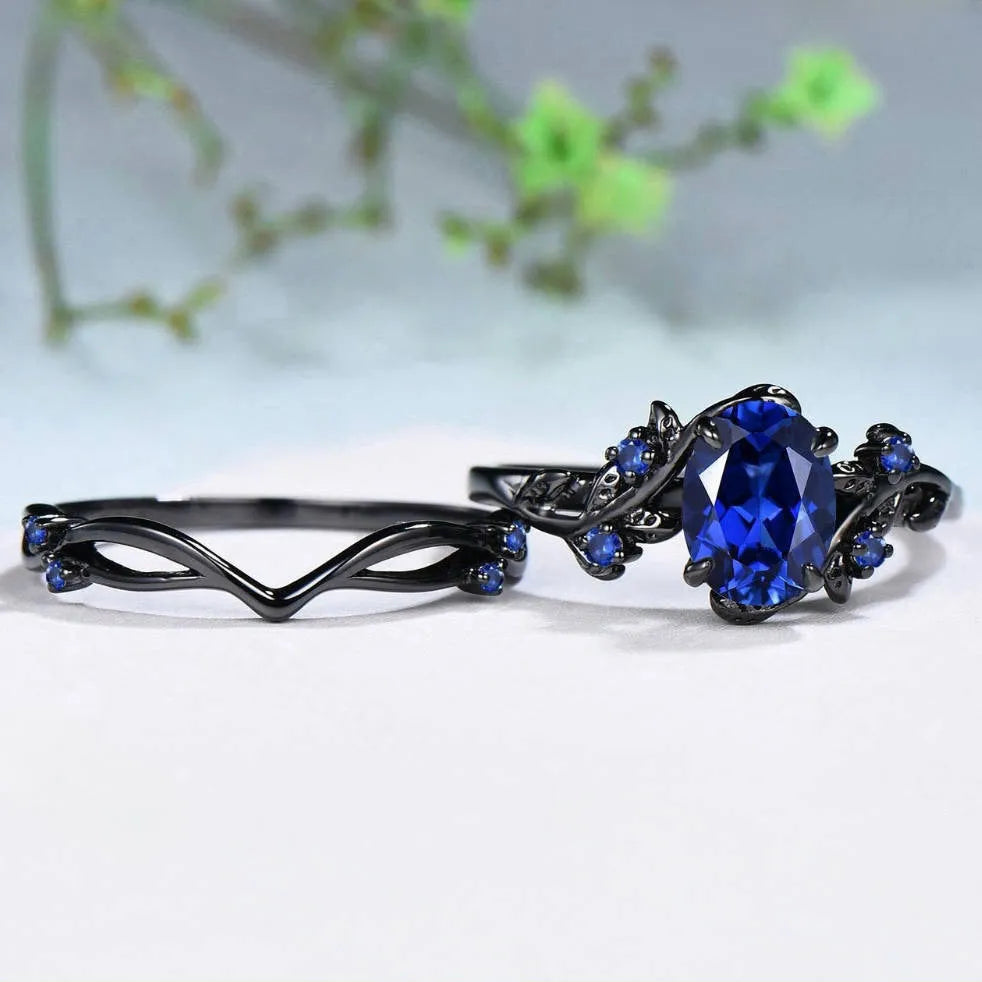 Gun black copper women ring with navy blue rhinestone inlay geometric shape