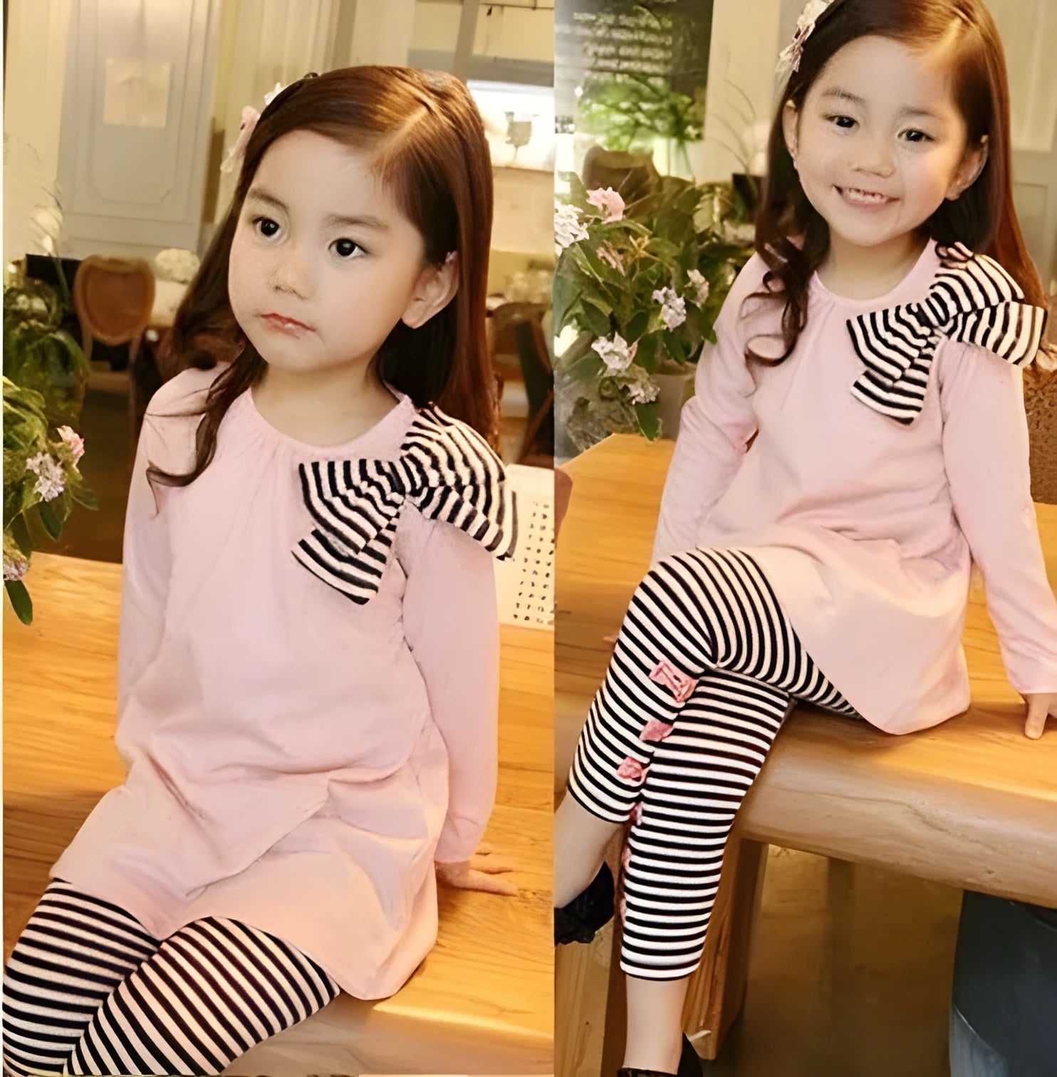 Pink cotton two-piece clothing set for a girl, showing the matching top and bottom.