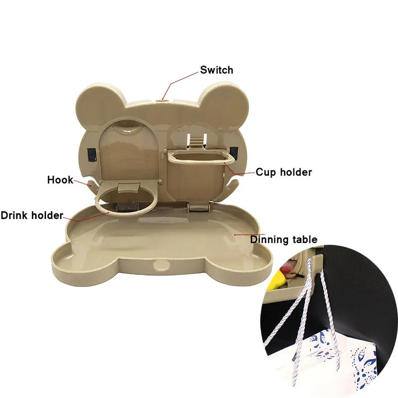Child car seat table tray in black, with side hooks and a flat surface for snacks and drinks, size 20 x 23.5 cm