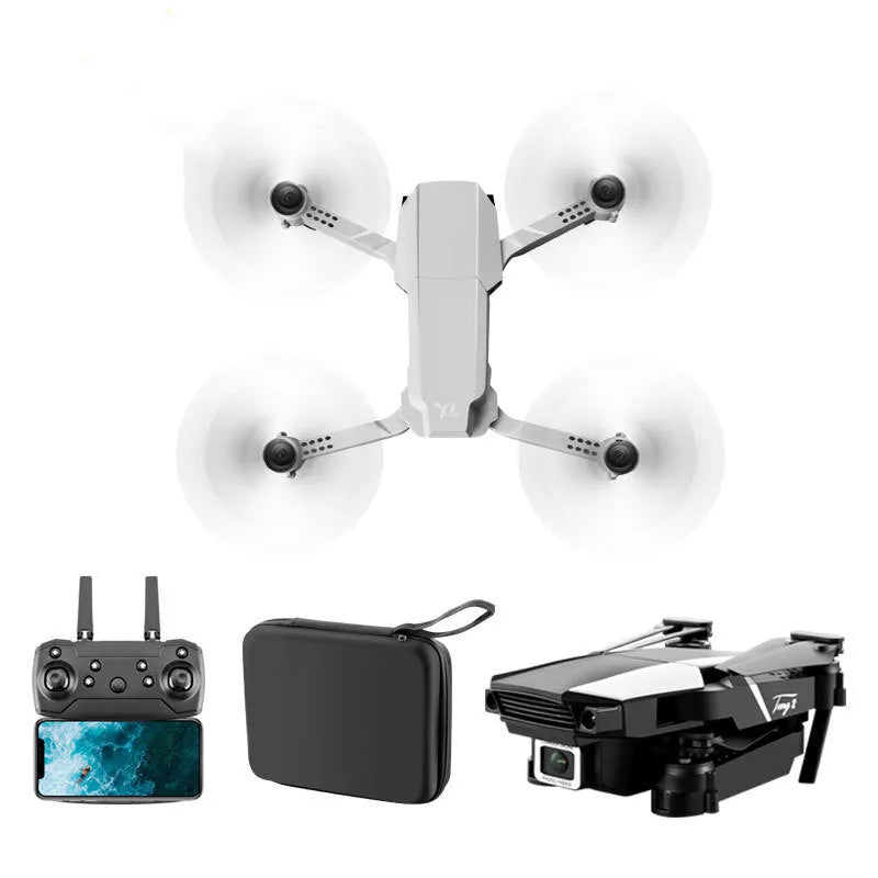 S62 foldable quadcopter drone in black with dual camera and remote control on grass