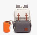 Grey white double shoulder mummy bag with bottle, stroller hooks, and multiple pockets for baby essentials