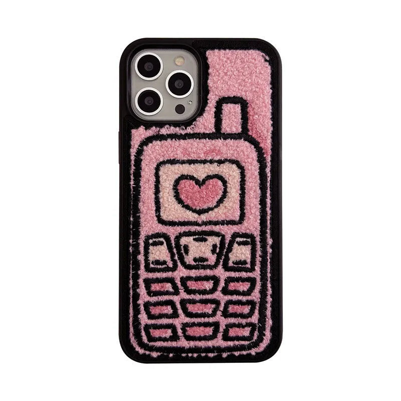 Pink towel-textured embroidered TPU back cover case for iPhone.
