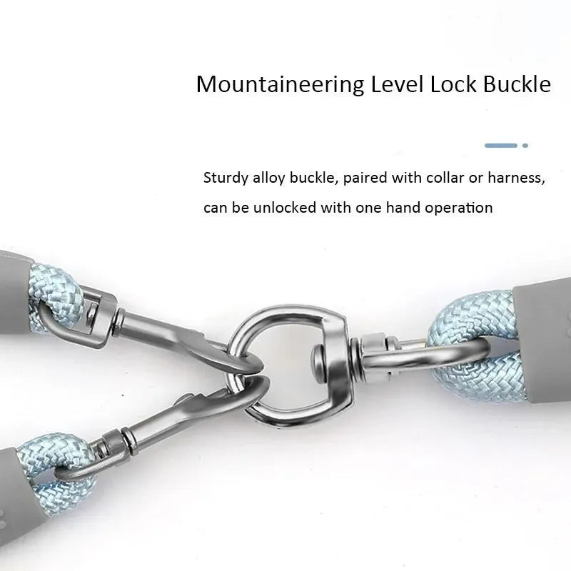 Blue double dog leash for two pets with foam-padded handle and metal clips.