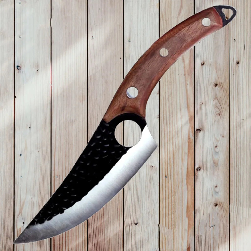 Small curved scimitar butcher knife and boning knife set with leather sheath