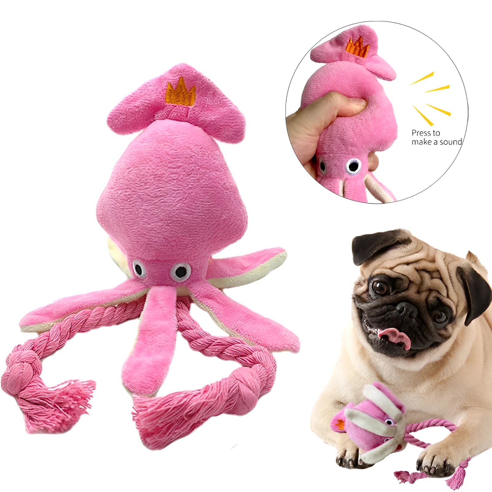 Pink squid-shaped plush dog toy with rope texture and a built-in squeaker.