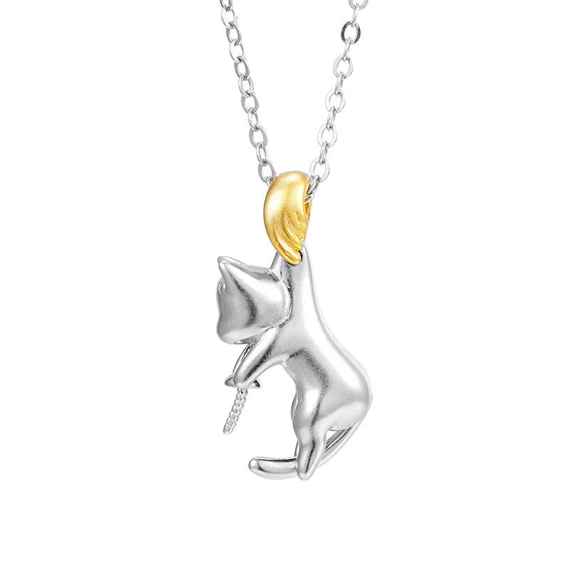 925 sterling silver clavicle chain necklace with cat pendant in multiple finish variations