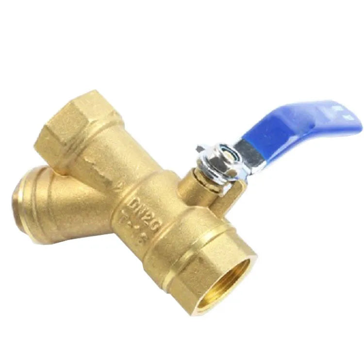 Brass Y-shaped filter ball valve with threaded connections for plumbing installation.