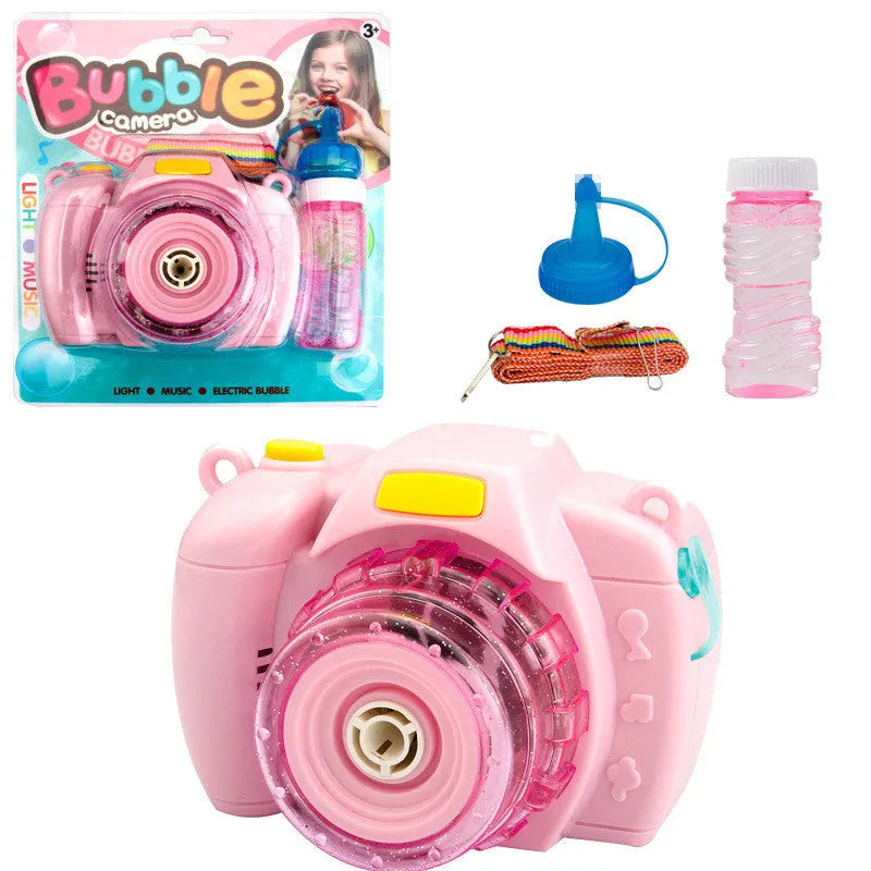 Yellow camera-shaped automatic bubble machine with flashing lights for children's outdoor play