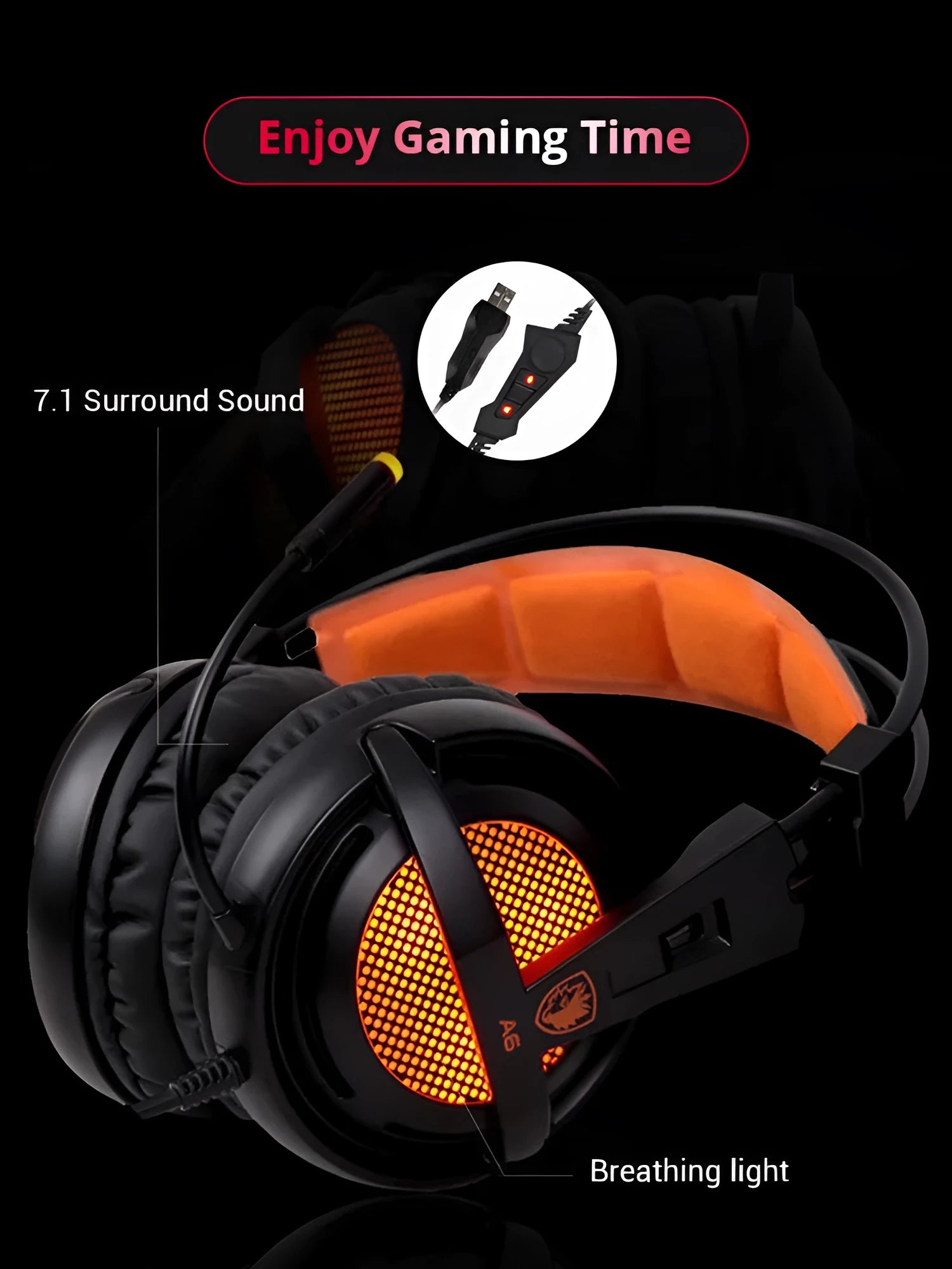 Black and white 7.1 USB gaming headset with LED lights on ear cups