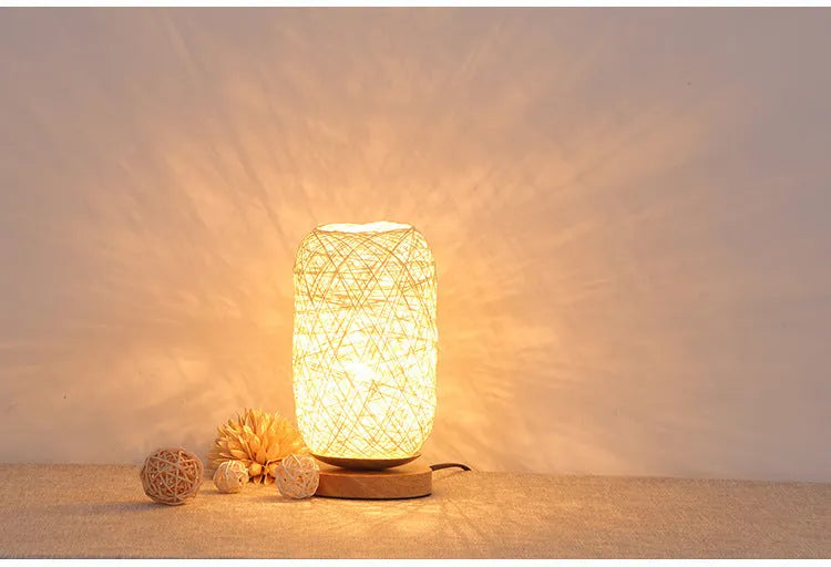 Hemp rope desk lamp with spherical shade on solid wood base