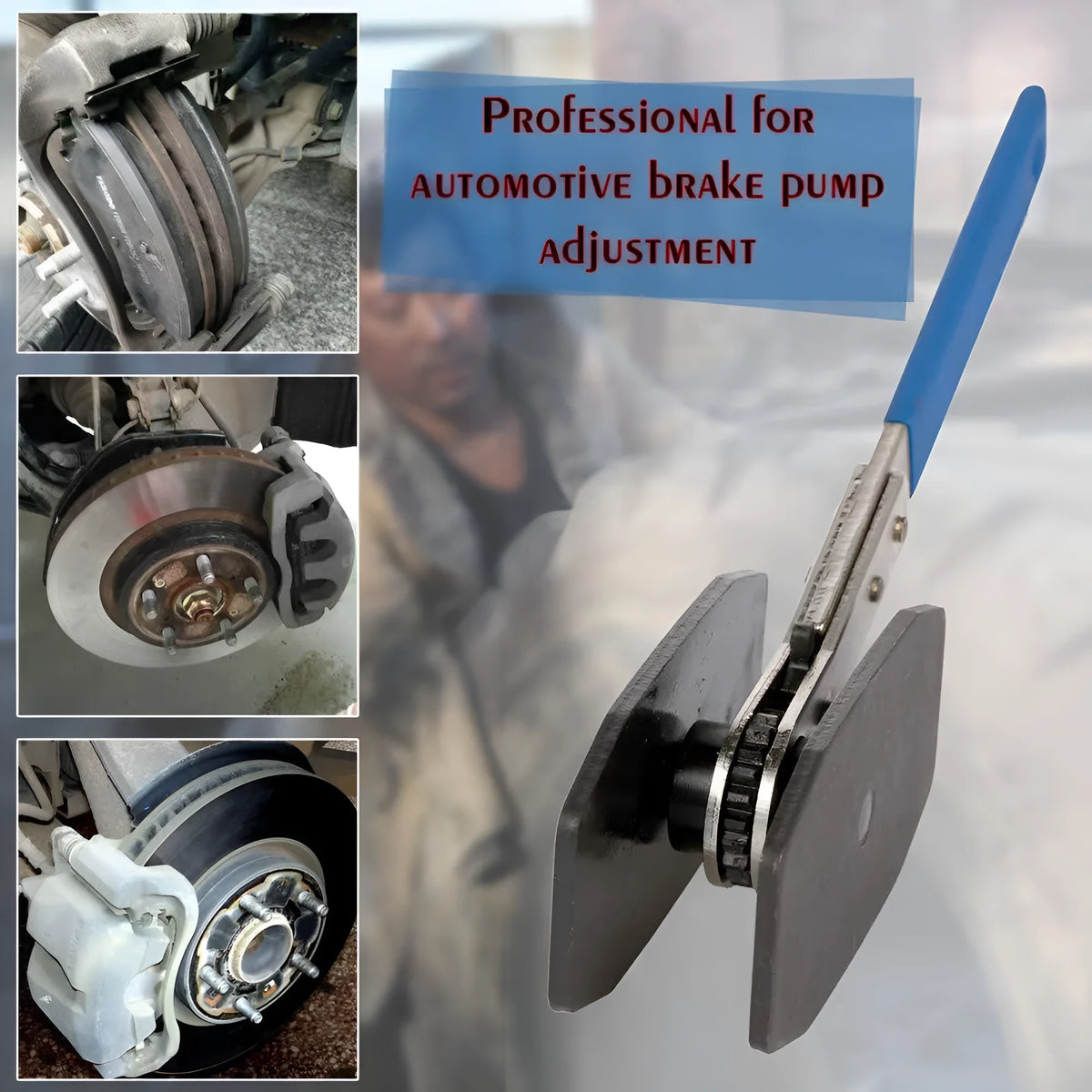 Black stainless steel brake caliper press with ratchet mechanism, 270mm length, on a workshop bench