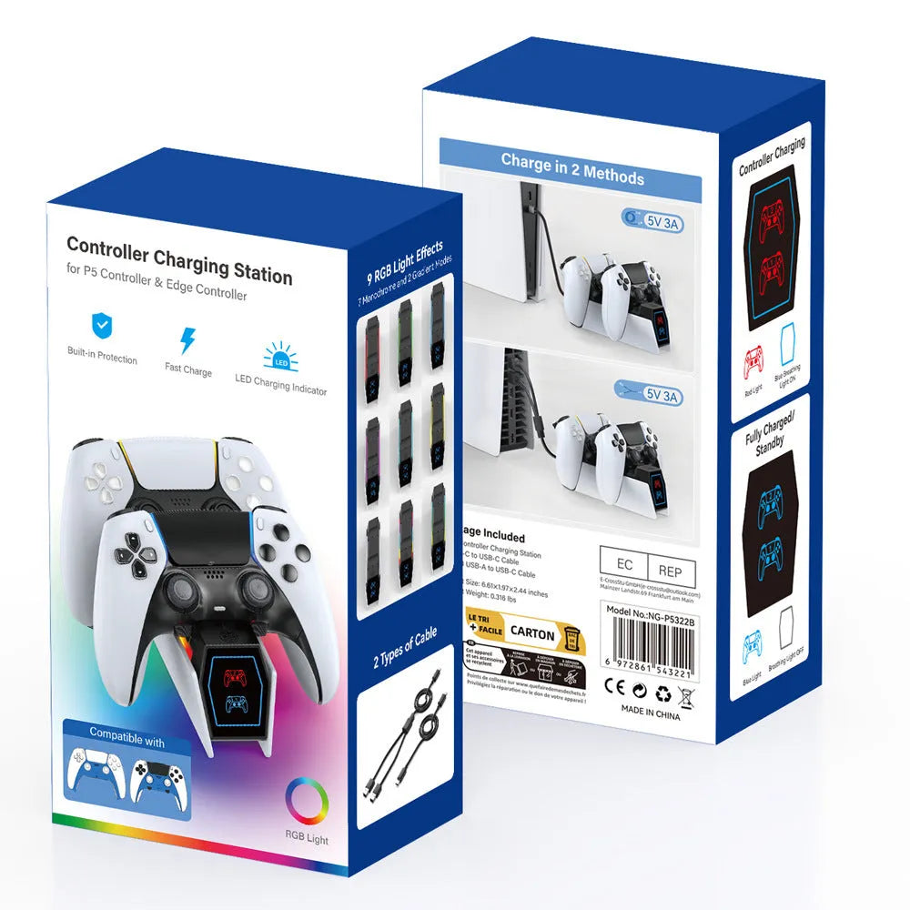 White PS5 wireless handle charger with RGB LED light and fixed dock for PS5 controller