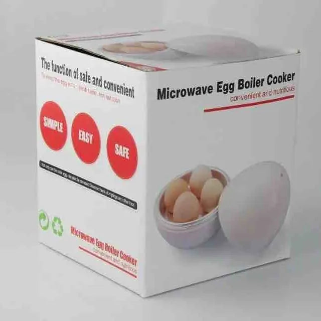 White microwave egg cooker for 4 eggs with adjustable timer knob and vent holes