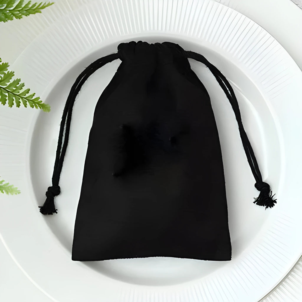 Flannel drawstring storage pouch in coffee colour, 9x12cm size, with drawstring closure on white background.