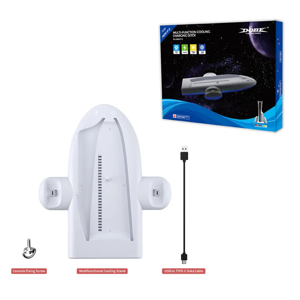 White PS5 Slim charging base with cooling pad and RGB ambient lighting