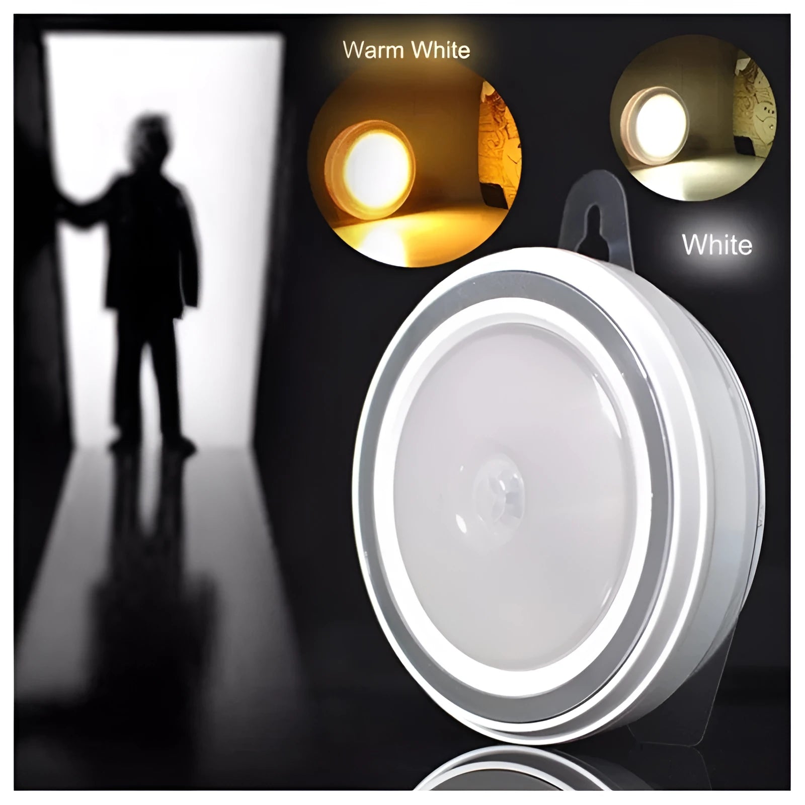 Circular white motion sensor LED light with a compact design, shown mounted on a wall.