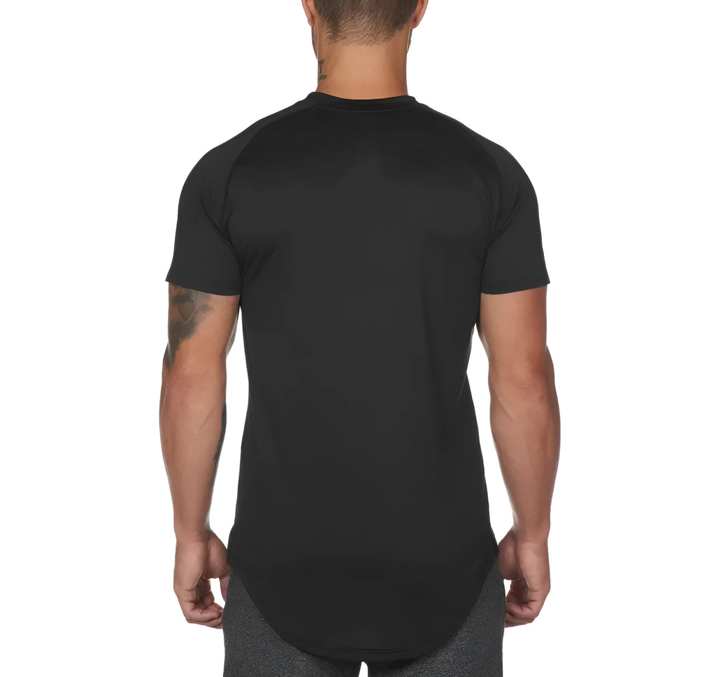 Men's plain gym shirt in cotton-spandex blend fabric showing colour options including army green, black, and white