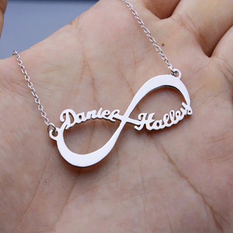 Custom infinity pendant name necklace in gold stainless steel with engraved names