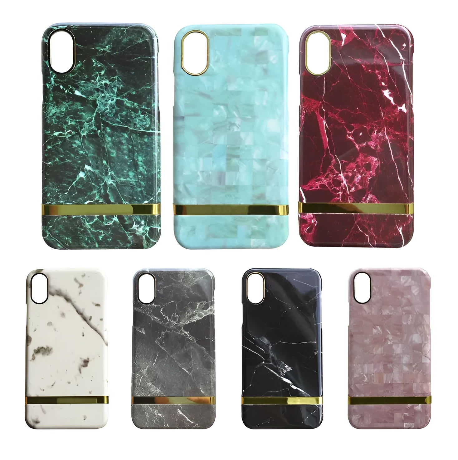 Marble pattern plastic protective case for iPhone in multiple colour options on a dark surface.
